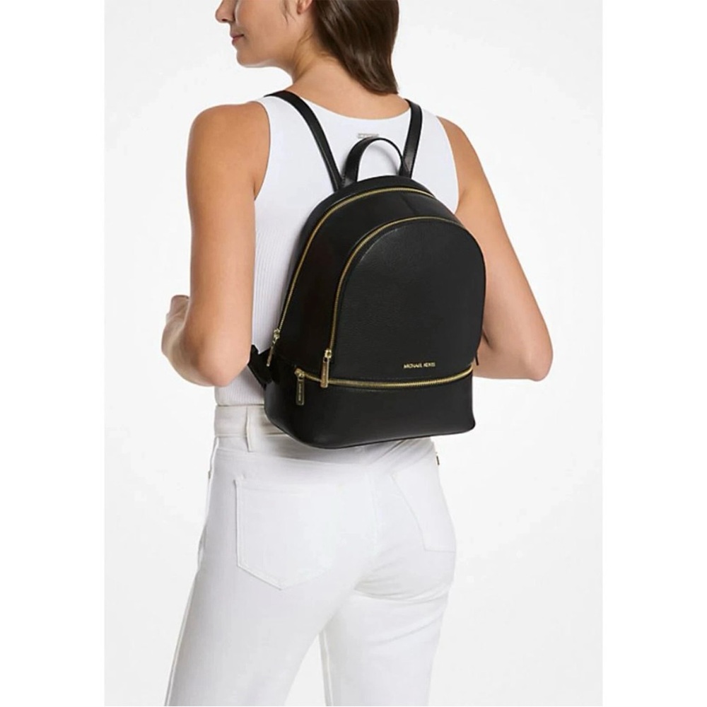Michael Kors Rhea Medium Pebbled Leather Backpack Black Gold Hardware w Dust Bag - Picture 4 of 7